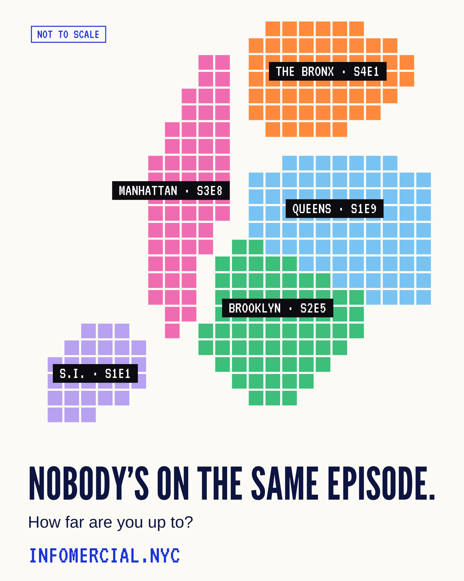 Not to scale. The five boroughs drawn in blocks, each on a different episode: the Bronx on S4E1, Manhattan on S3E8, Queens on S1E9, Brooklyn on S2E5, Staten Island on S1E1. Nobody's on the same episode. How far are you up to? infomercial.nyc