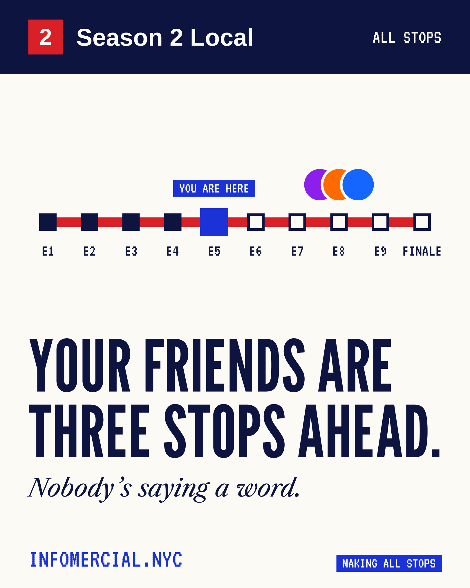 Season 2 Local, all stops. You are here, at episode 5, and three friends at episode 8. Your friends are three stops ahead. Nobody's saying a word. Making all stops. infomercial.nyc